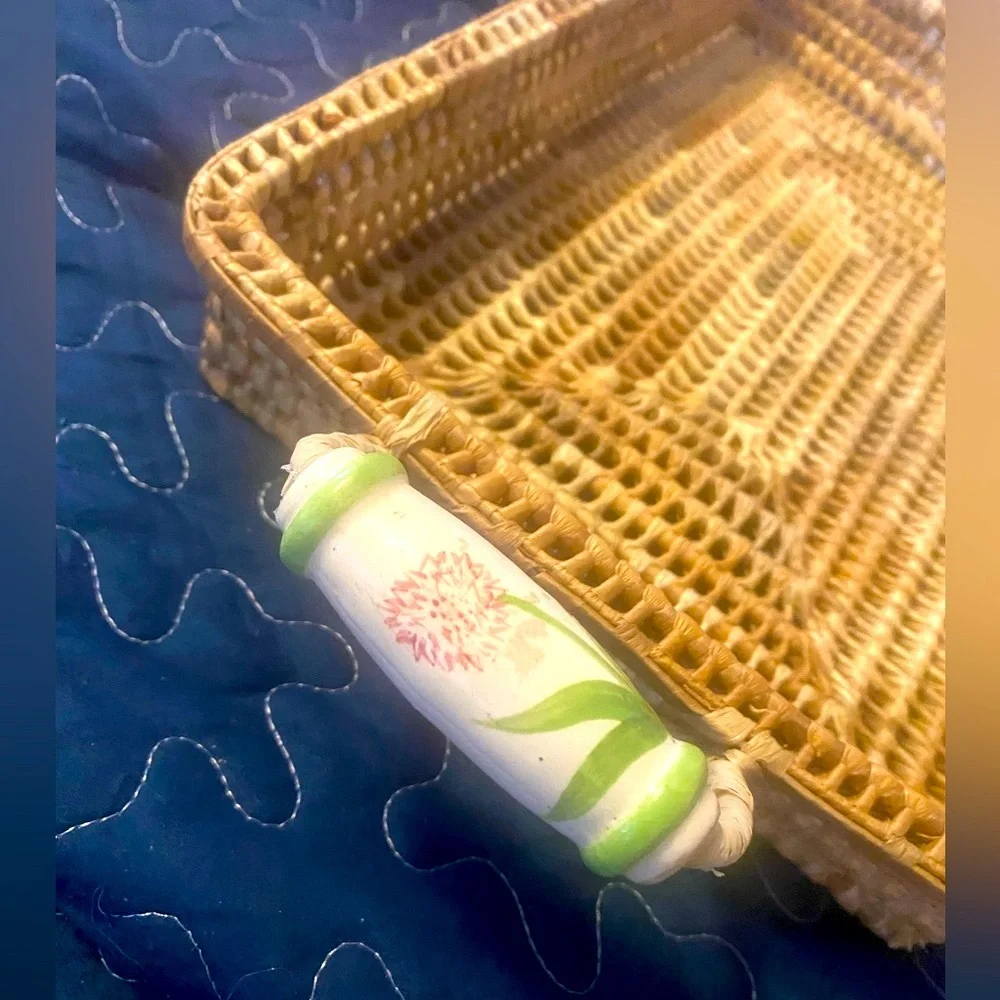 Vintage 80’s Porcelain Handled woven Basket Tray 17.5”x 10”x2.5”